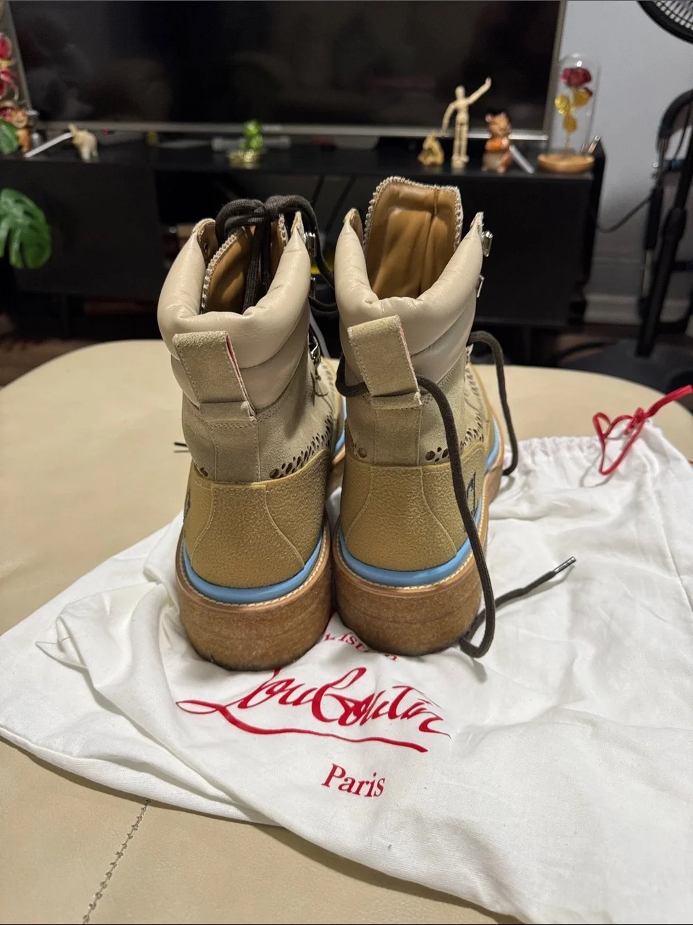 Christian Louboutin Beige and Light Blue Trim Lace-Up Platform Boots